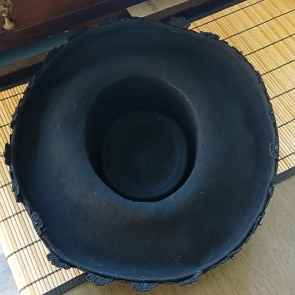 1950 UNION MADE BLACK Sunbrero CLOCHE Wide Brim Wool CROWN Lace Detail One Size - Picture 5 of 10